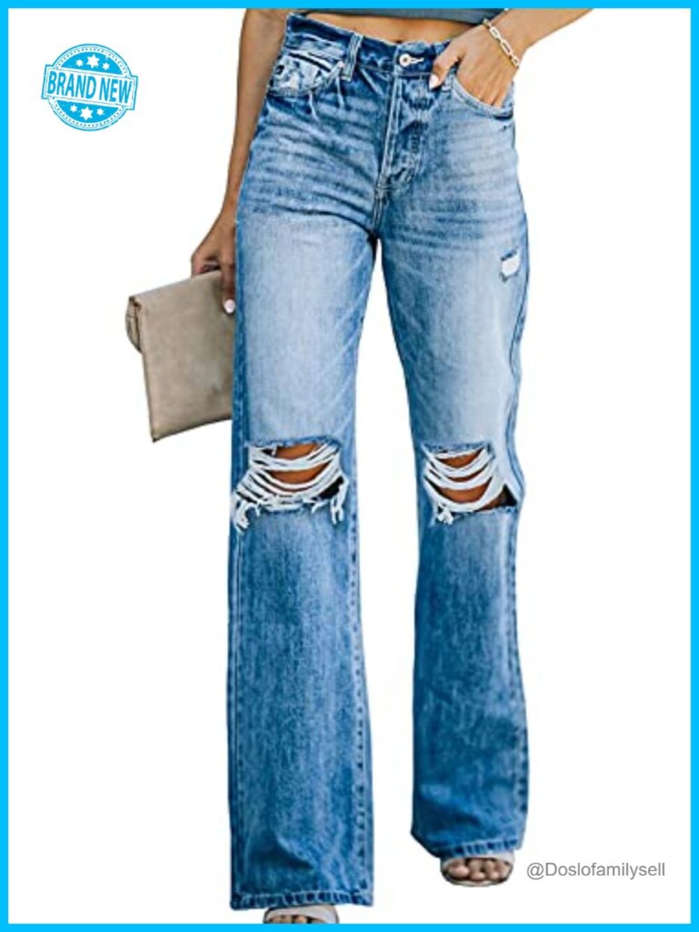 Womens Ripped High Waisted Wide Leg Jeans Destroyed Denim Pants